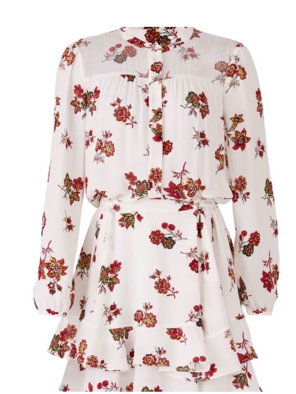 A.L.C. Rori 100% Silk Floral Mini Dress Tie Waist Ruffle Hem Long Sleeve Size 10